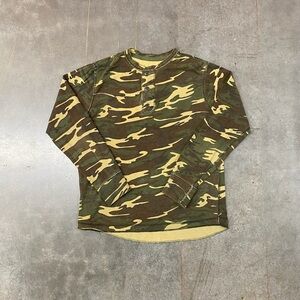 VTG Camo Thermal Henley Shirt Green Long Sleeve Mens M